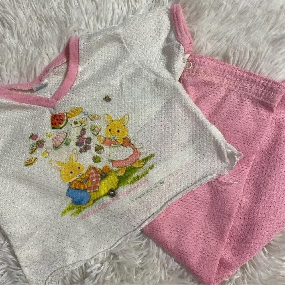 VINTAGE • Pink + White Bunny Snap Waist Waffle Knit Pajama Set